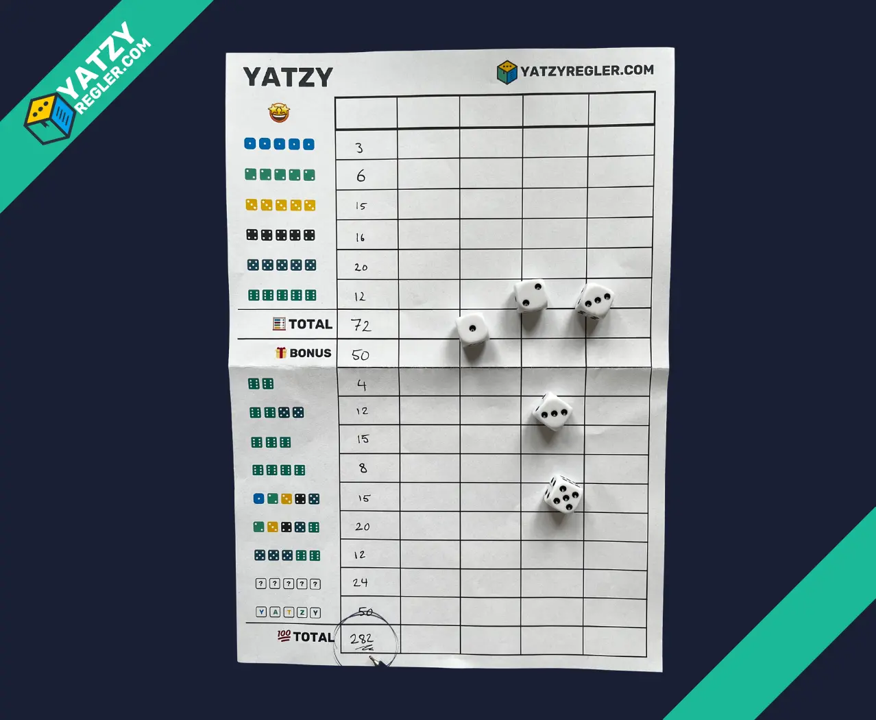 Adding up the score: Upper Section + Bonus + Lower Section = Grand Total